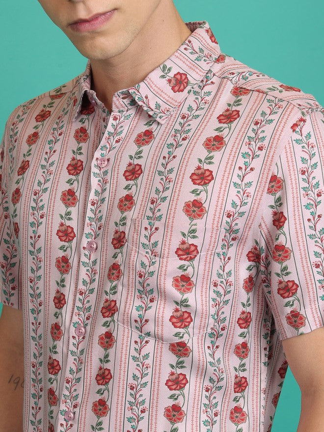 Highlander Men Dusky Pink Printed Slim Fit Casual Shirt - Pink - Image 5