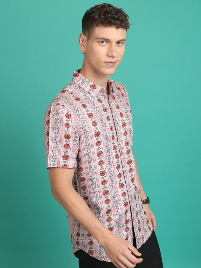 Highlander Men Dusky Pink Printed Slim Fit Casual Shirt - Pink - Image 6