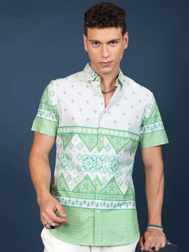 Highlander Men Mint Printed Slim Fit Casual Shirt - Green - Image 1