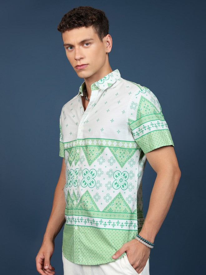 Highlander Men Mint Printed Slim Fit Casual Shirt - Green - Image 4