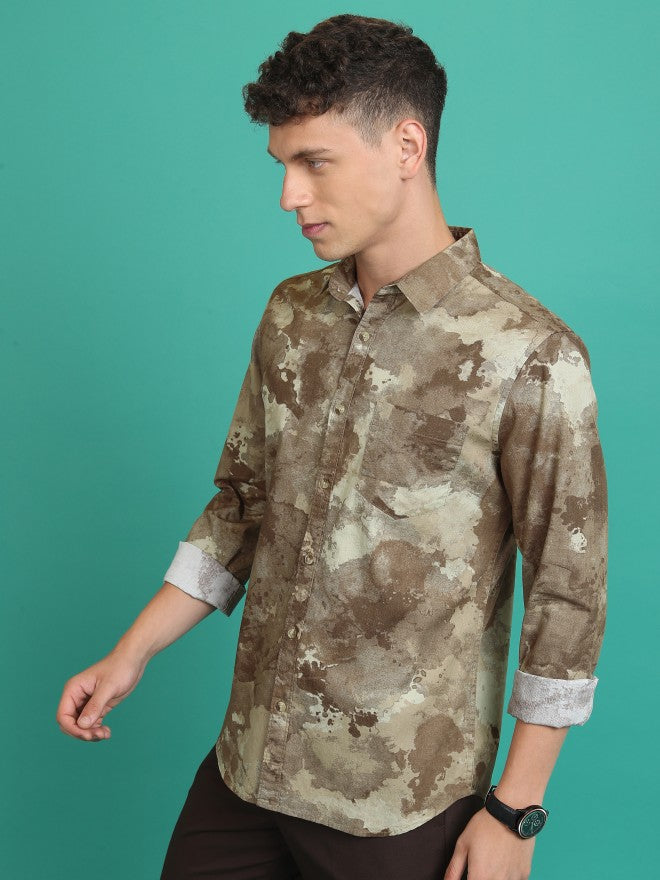 Highlander Men Olive/Khaki Printed Slim Fit Casual Shirt - Olive - Image 4
