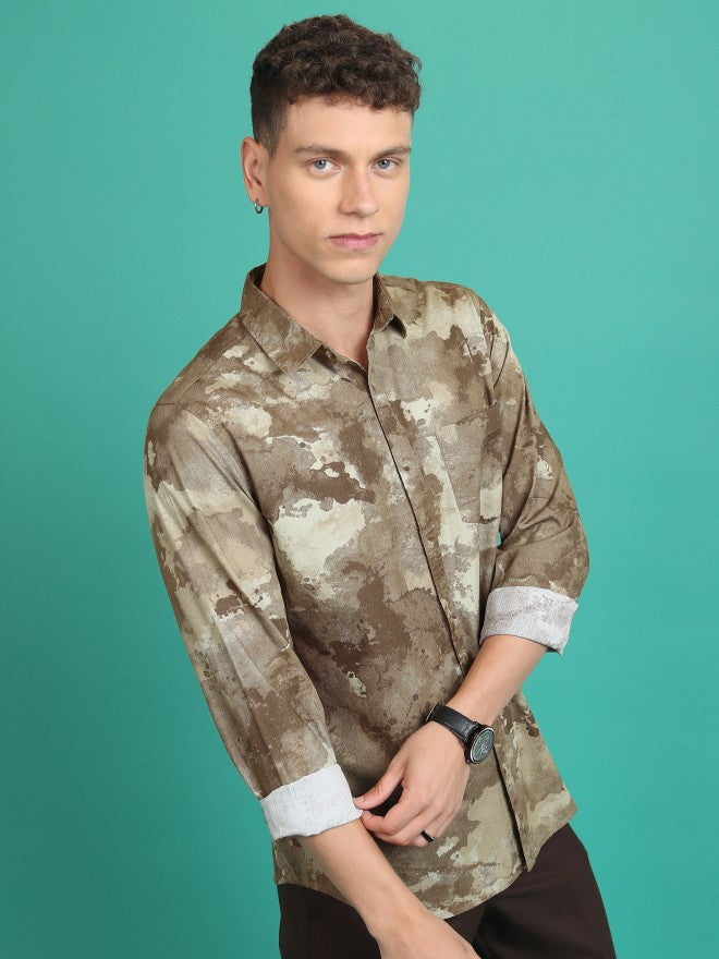 Highlander Men Olive/Khaki Printed Slim Fit Casual Shirt - Olive - Image 6