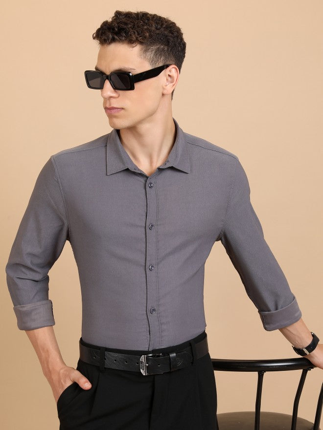 Highlander Men Grey Solid Slim Fit Casual Shirt - Grey - Image 1