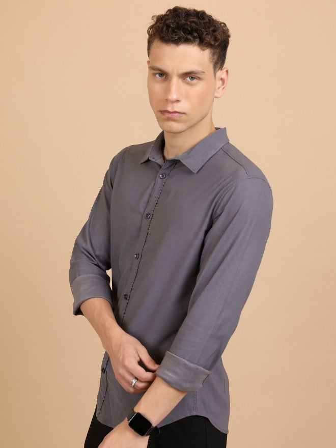 Highlander Men Grey Solid Slim Fit Casual Shirt - Grey - Image 4