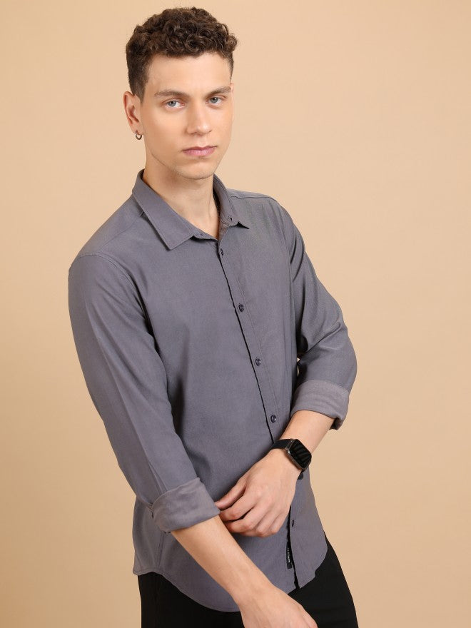 Highlander Men Grey Solid Slim Fit Casual Shirt - Grey - Image 6