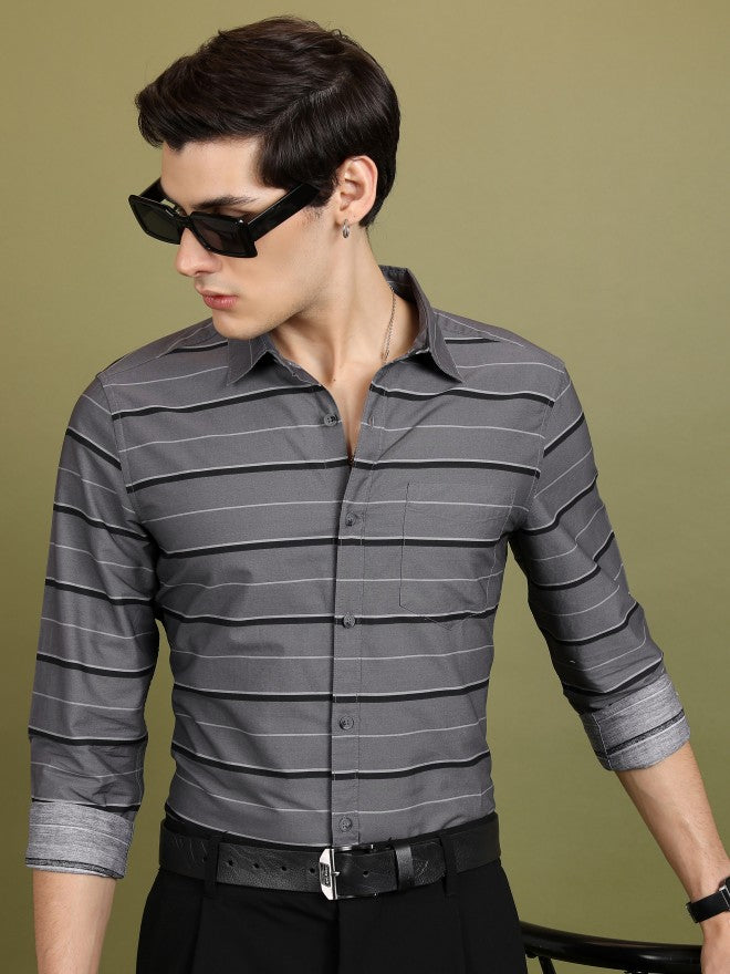 Highlander Men Grey Striped Slim Fit Casual Shirt - Grey - Image 1