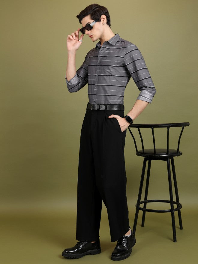 Highlander Men Grey Striped Slim Fit Casual Shirt - Grey - Image 2