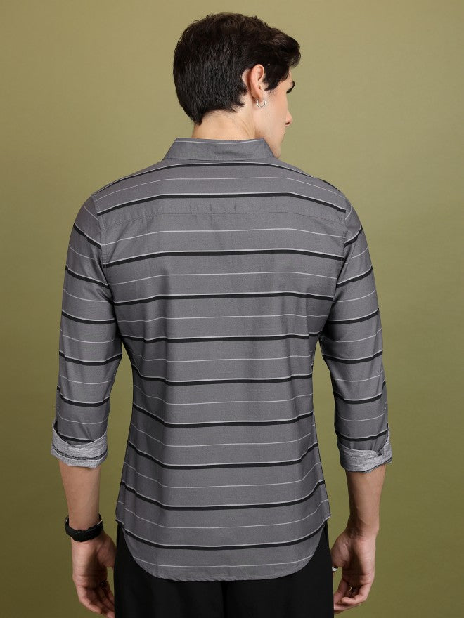 Highlander Men Grey Striped Slim Fit Casual Shirt - Grey - Image 3