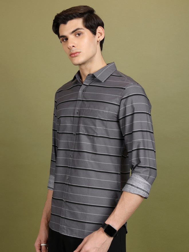 Highlander Men Grey Striped Slim Fit Casual Shirt - Grey - Image 4