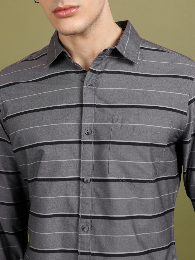 Highlander Men Grey Striped Slim Fit Casual Shirt - Grey - Image 5