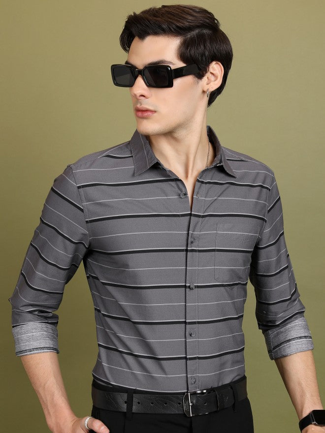 Highlander Men Grey Striped Slim Fit Casual Shirt - Grey - Image 6