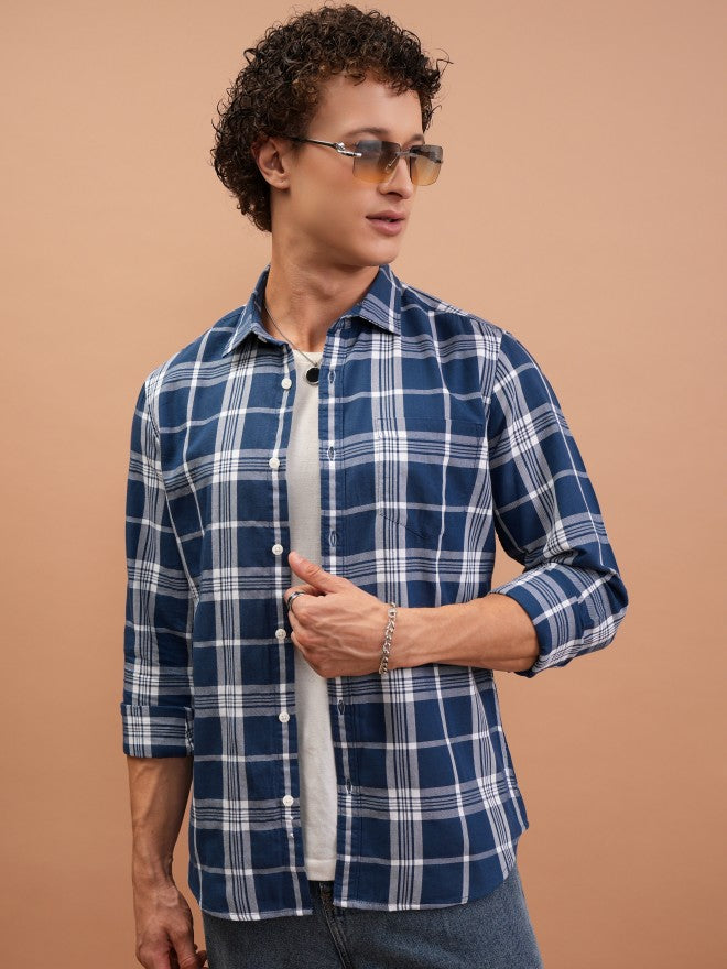 Highlander Men Blue Checked Slim Fit Casual Shirt - Blue - Image 1