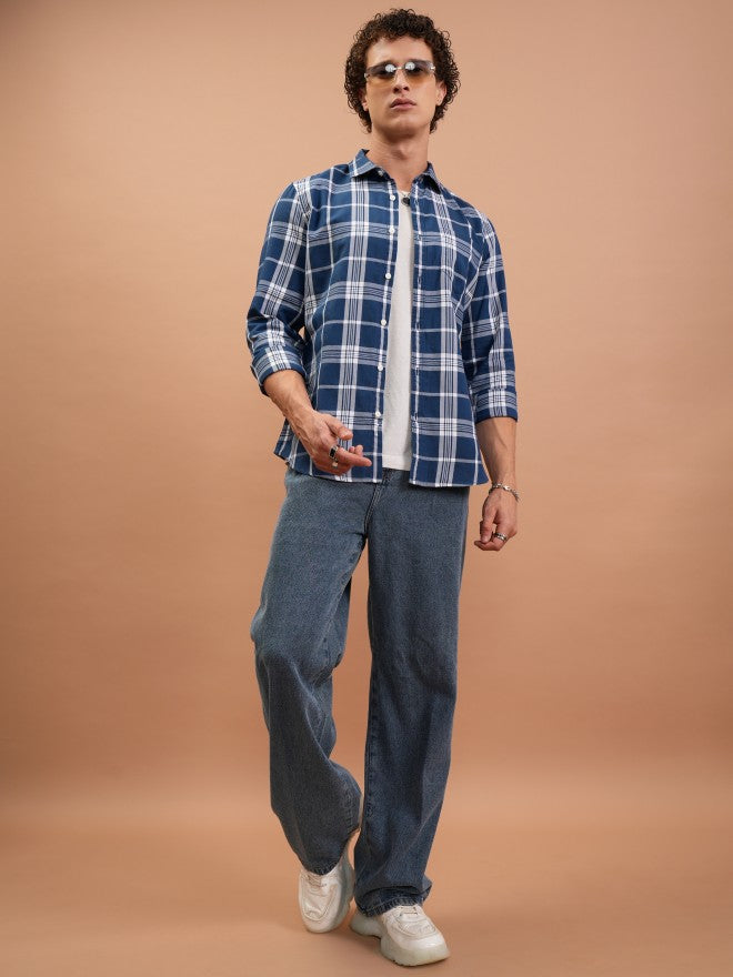 Highlander Men Blue Checked Slim Fit Casual Shirt - Blue - Image 2