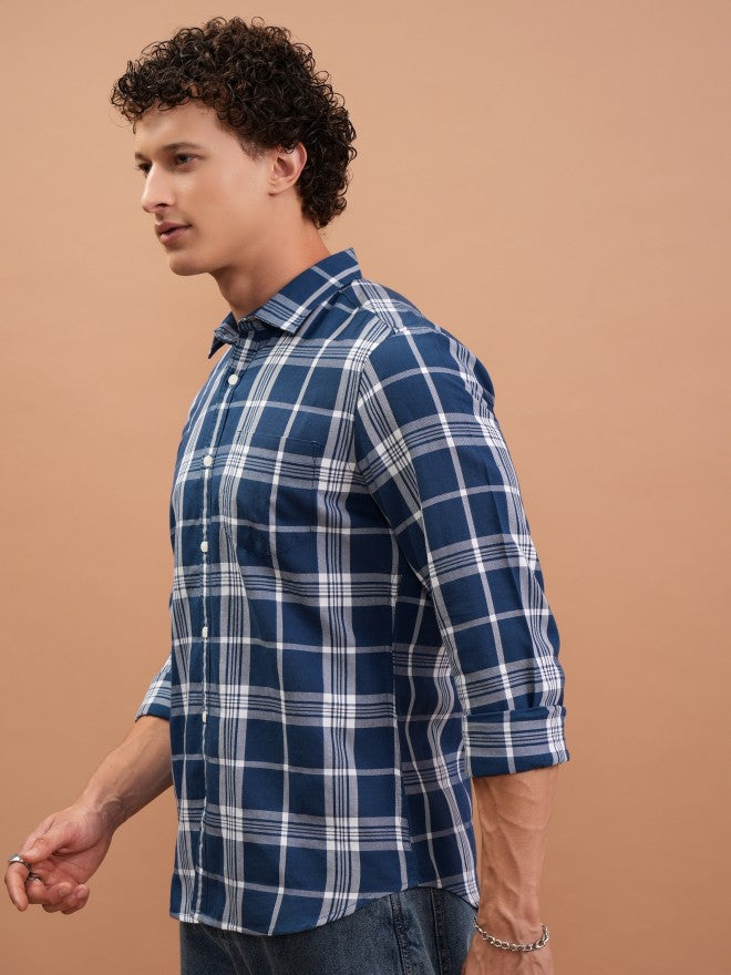 Highlander Men Blue Checked Slim Fit Casual Shirt - Blue - Image 4