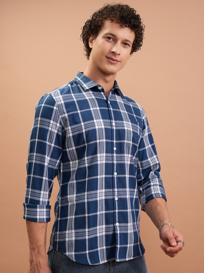 Highlander Men Blue Checked Slim Fit Casual Shirt - Blue - Image 6