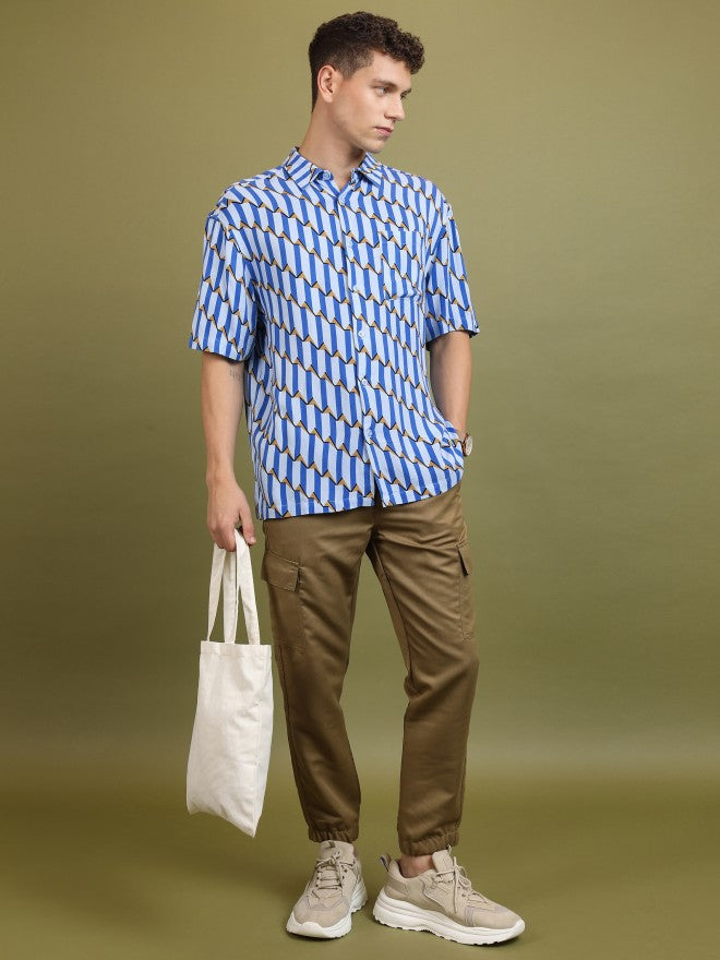 Highlander Men Blue Printed Oversized Fit Casual Shirt - Blue - Image 2
