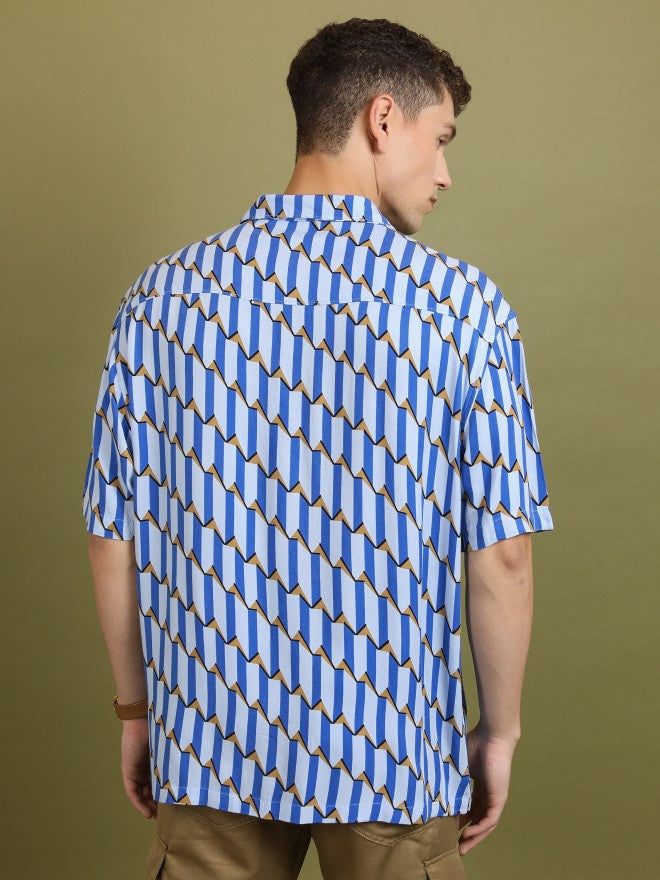 Highlander Men Blue Printed Oversized Fit Casual Shirt - Blue - Image 3