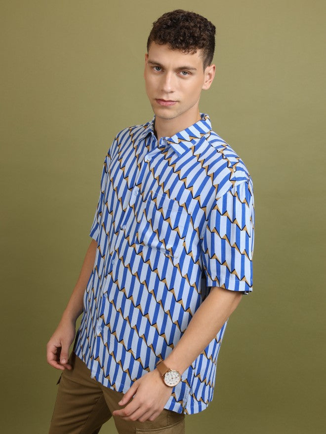 Highlander Men Blue Printed Oversized Fit Casual Shirt - Blue - Image 4