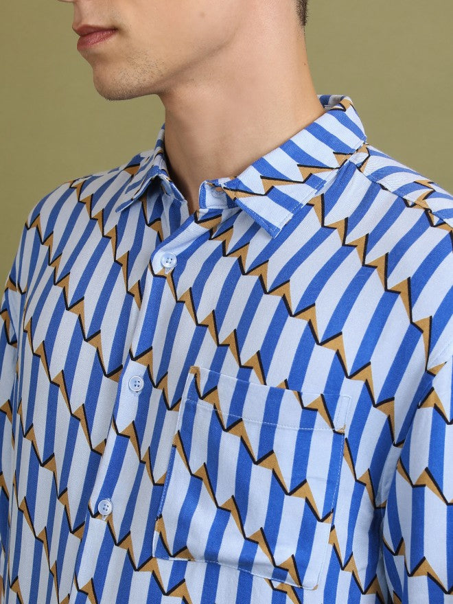 Highlander Men Blue Printed Oversized Fit Casual Shirt - Blue - Image 5