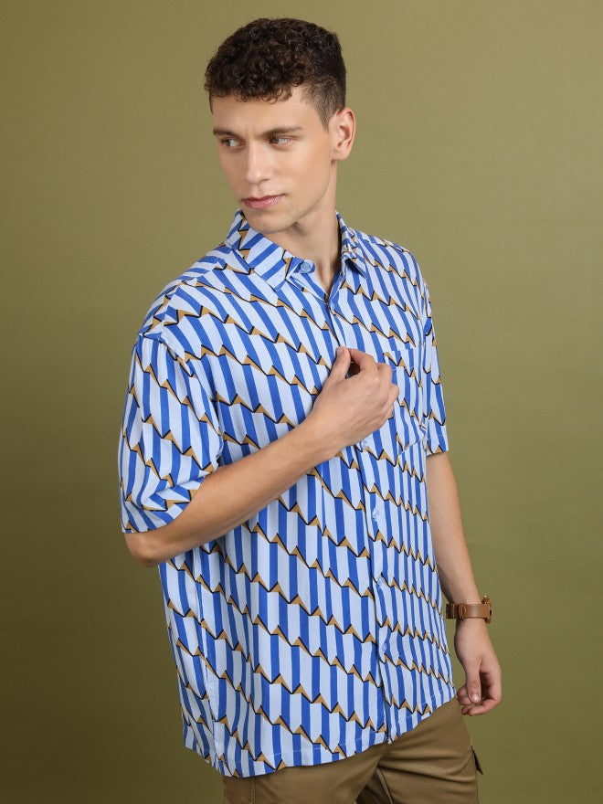 Highlander Men Blue Printed Oversized Fit Casual Shirt - Blue - Image 6