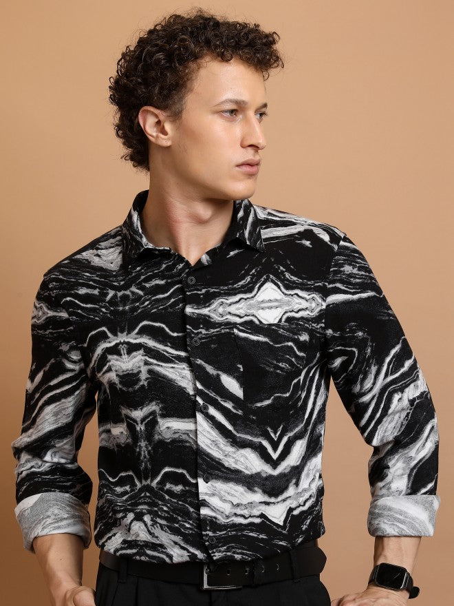 Highlander Men Black Printed Slim Fit Casual Shirt - Black - Image 1