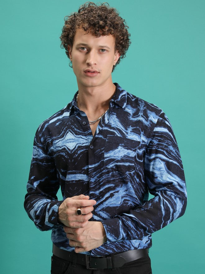 Highlander Men Navy Printed Slim Fit Casual Shirt - Navy Blue - Image 1