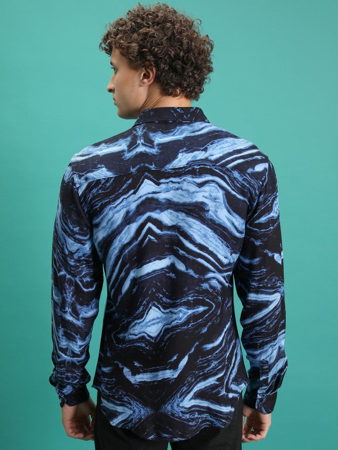 Highlander Men Navy Printed Slim Fit Casual Shirt - Navy Blue - Image 3