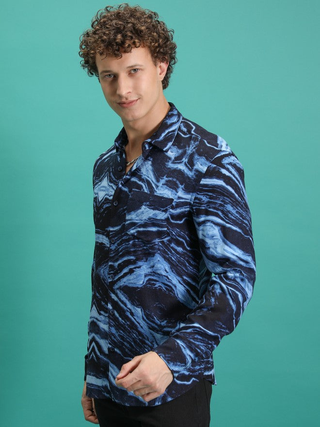 Highlander Men Navy Printed Slim Fit Casual Shirt - Navy Blue - Image 4