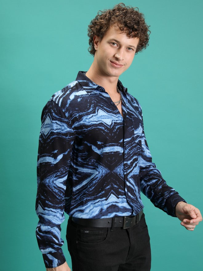 Highlander Men Navy Printed Slim Fit Casual Shirt - Navy Blue - Image 6