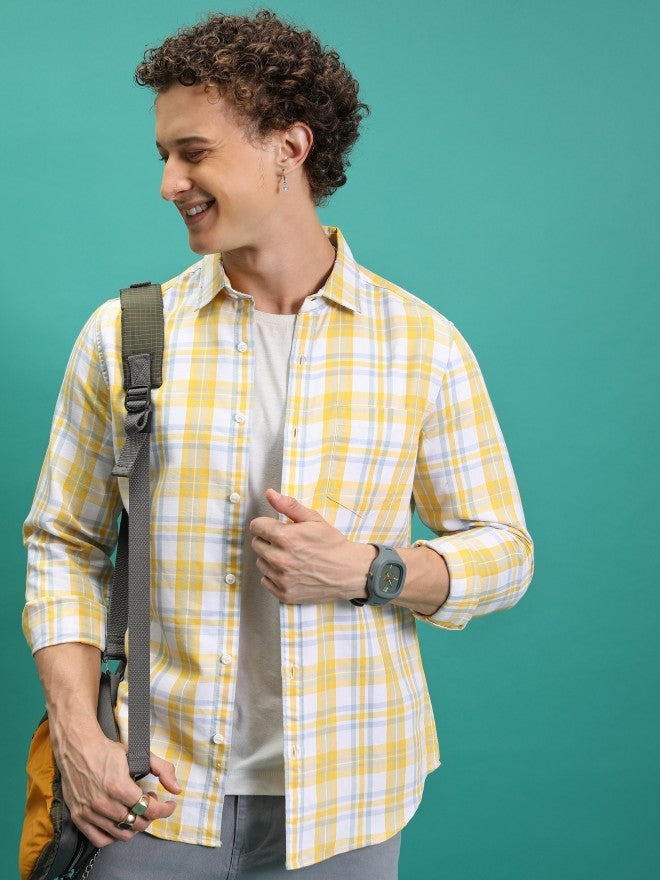 Highlander Men White/Yellow Checked Slim Fit Casual Shirt - White - Image 1
