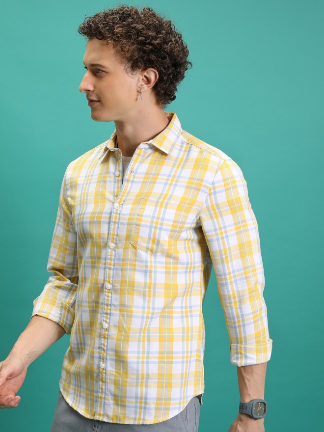 Highlander Men White/Yellow Checked Slim Fit Casual Shirt - White - Image 4