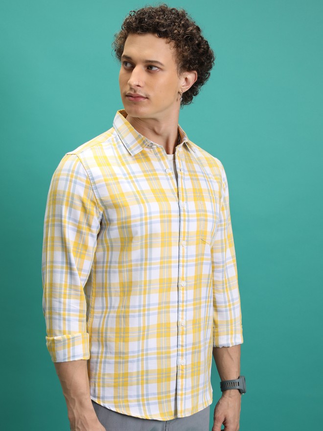 Highlander Men White/Yellow Checked Slim Fit Casual Shirt - White - Image 6