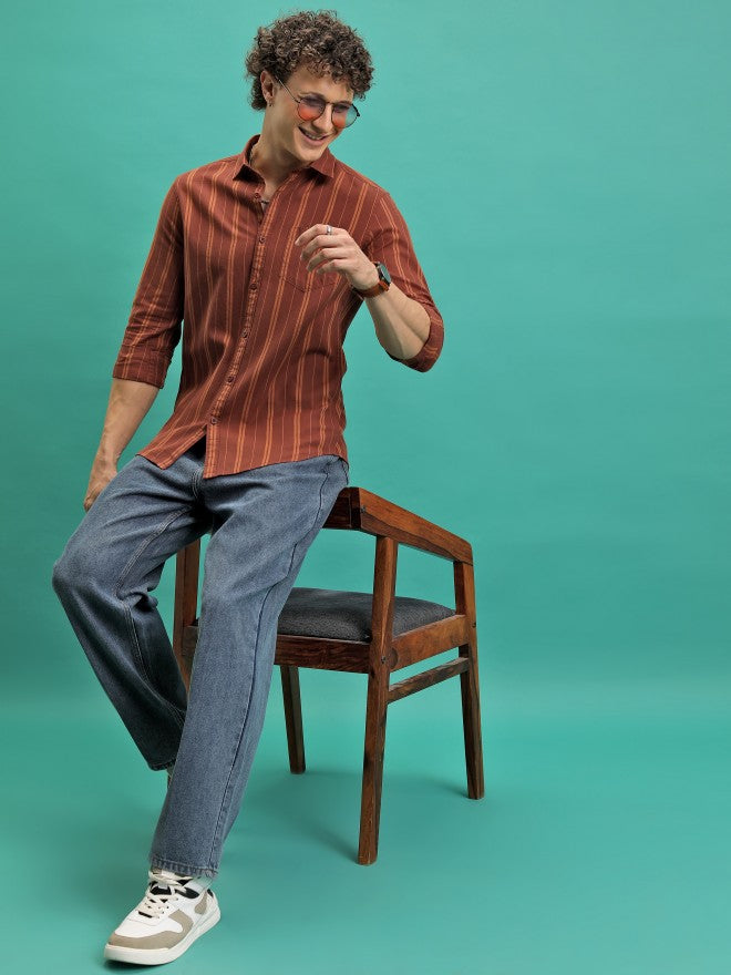 Highlander Men Terracotta Striped Slim Fit Casual Shirt - Terracotta - Image 2