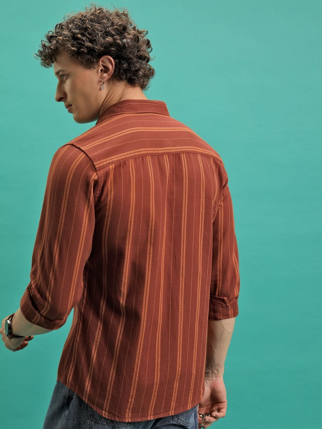 Highlander Men Terracotta Striped Slim Fit Casual Shirt - Terracotta - Image 3
