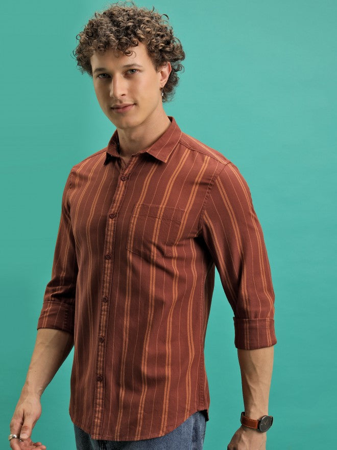 Highlander Men Terracotta Striped Slim Fit Casual Shirt - Terracotta - Image 4