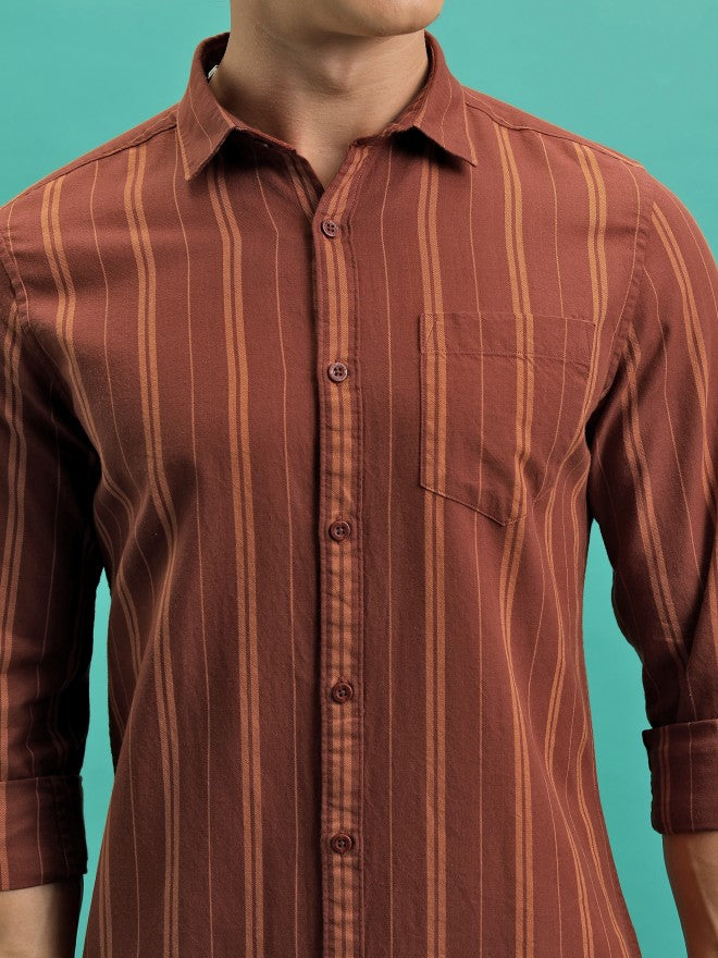 Highlander Men Terracotta Striped Slim Fit Casual Shirt - Terracotta - Image 5