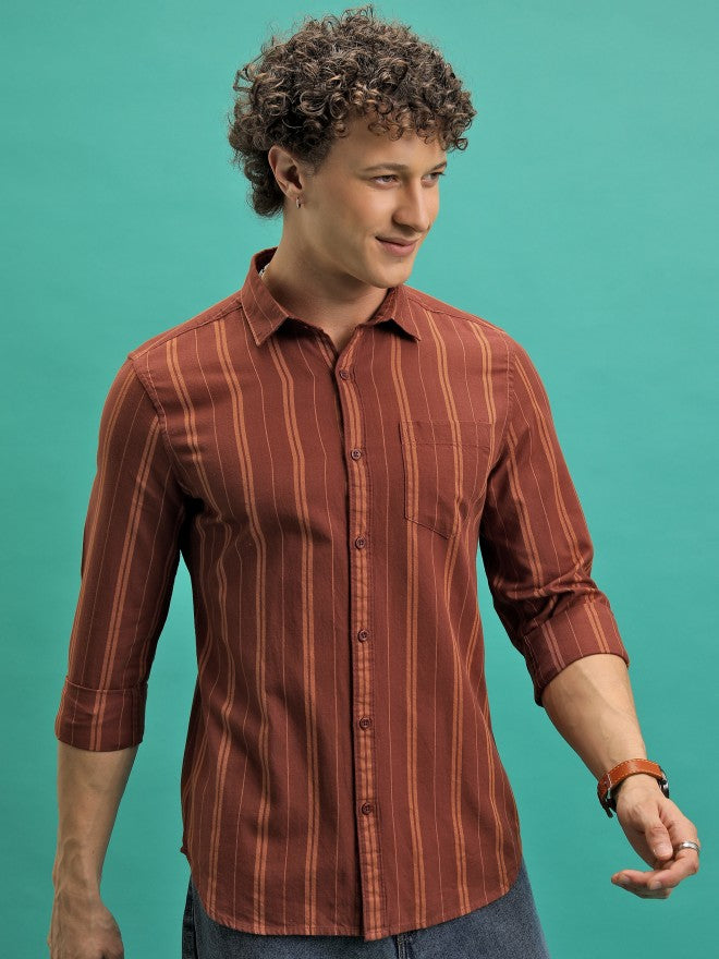 Highlander Men Terracotta Striped Slim Fit Casual Shirt - Terracotta - Image 6