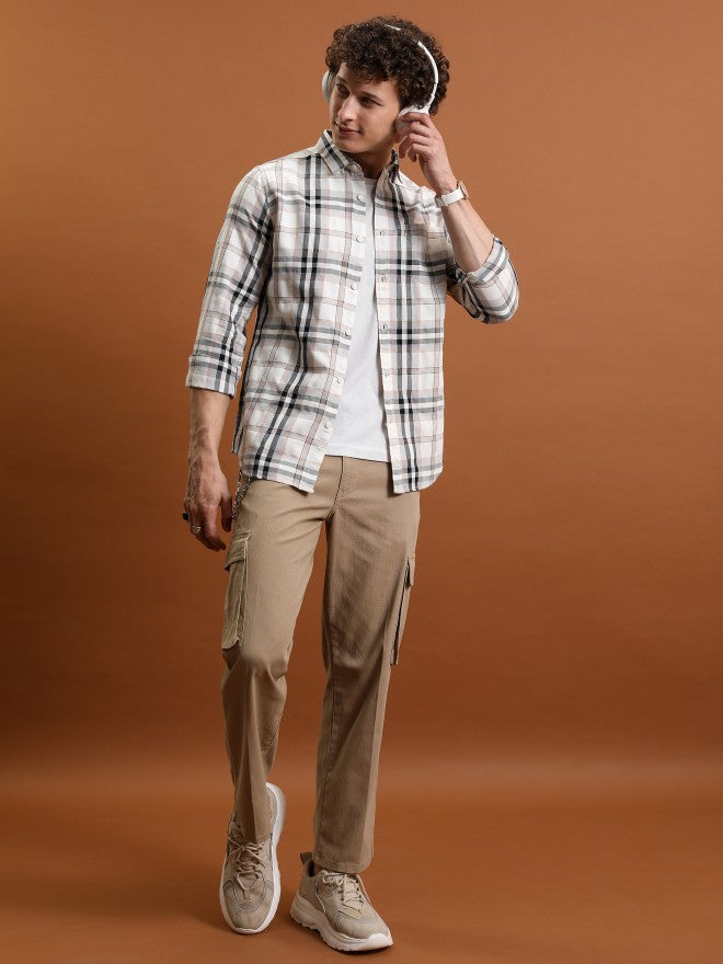 Highlander Men Cream Checked Slim Fit Casual Shirt - Cream - Image 2