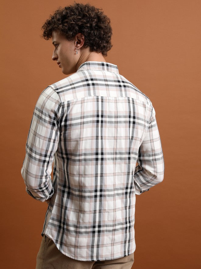 Highlander Men Cream Checked Slim Fit Casual Shirt - Cream - Image 3
