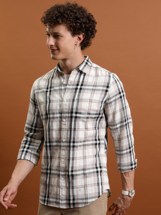 Highlander Men Cream Checked Slim Fit Casual Shirt - Cream - Image 4