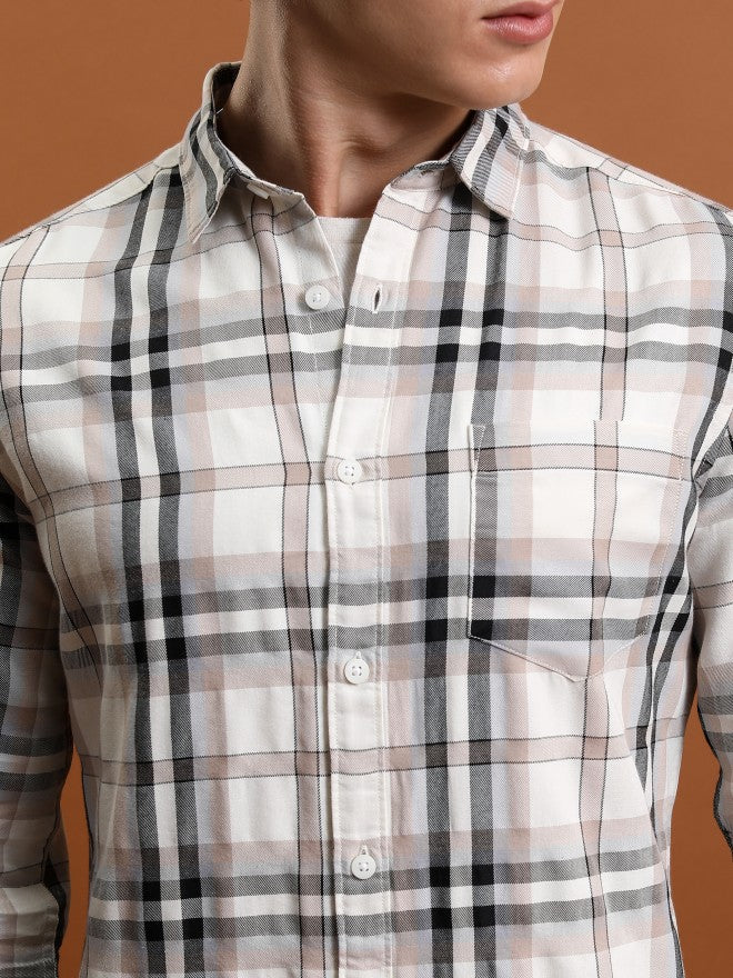 Highlander Men Cream Checked Slim Fit Casual Shirt - Cream - Image 5