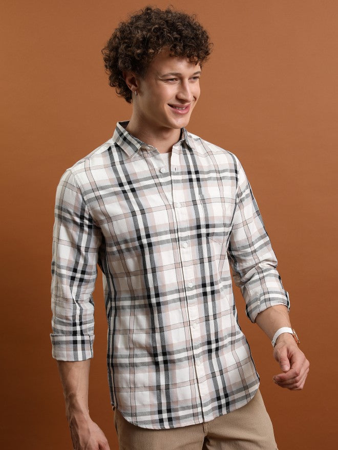 Highlander Men Cream Checked Slim Fit Casual Shirt - Cream - Image 6