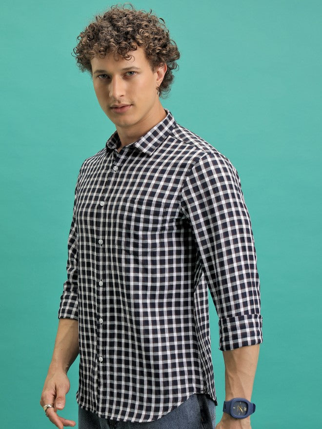 Men Checked Casual Shirt - Navy Blue - Image 4