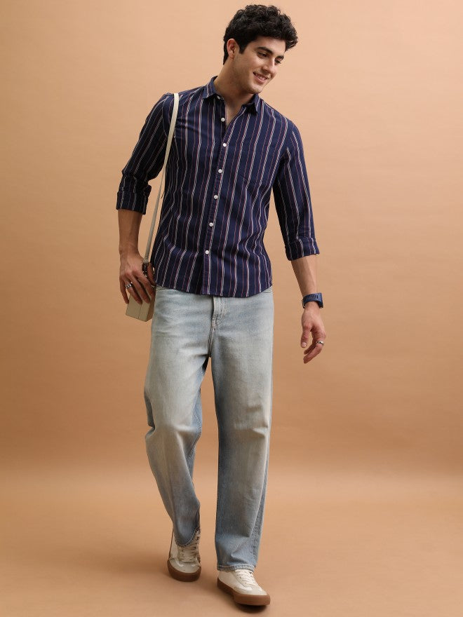 Men Striped Casual Shirt - Navy Blue - Image 2