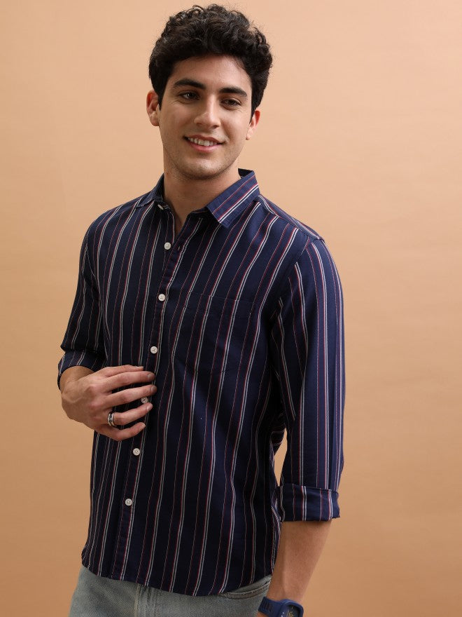 Men Striped Casual Shirt - Navy Blue - Image 4