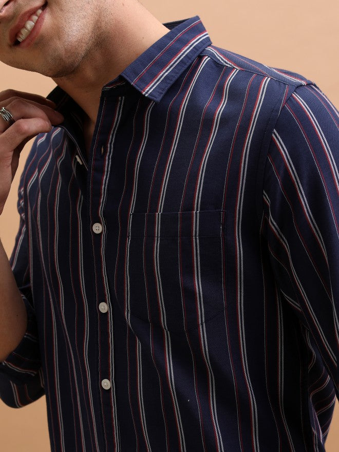 Men Striped Casual Shirt - Navy Blue - Image 5