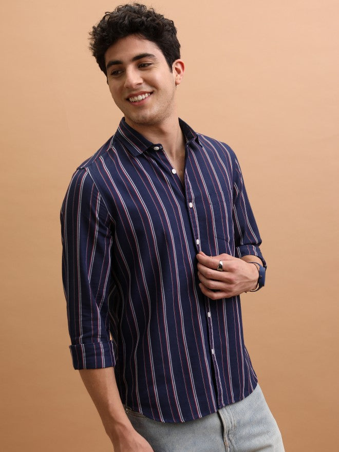 Men Striped Casual Shirt - Navy Blue - Image 6