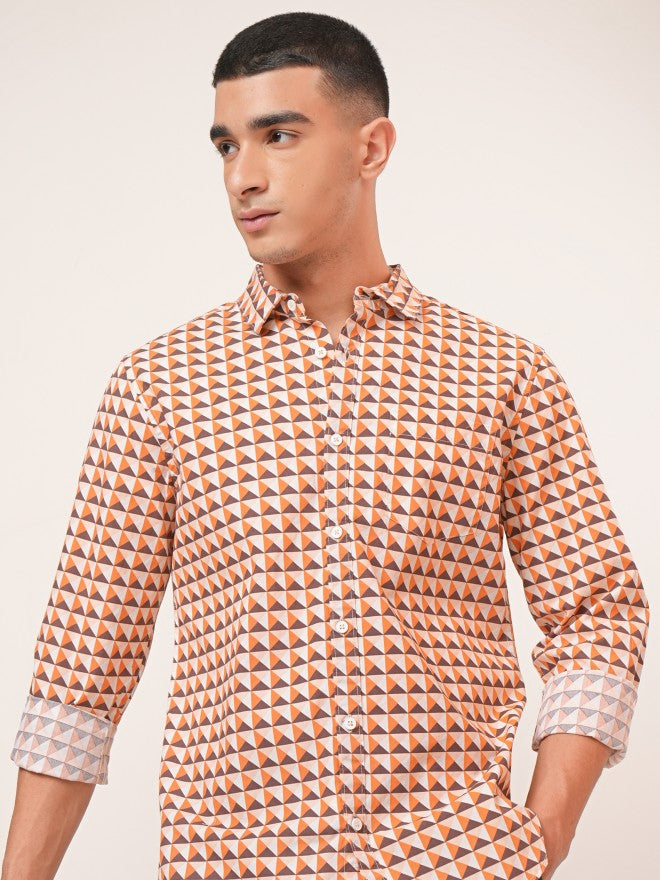 Highlander Men Orange & Brown Regular Collar Full Sleeve All Over Printed Shirt - Orange - Image 1