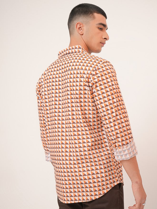Highlander Men Orange & Brown Regular Collar Full Sleeve All Over Printed Shirt - Orange - Image 3