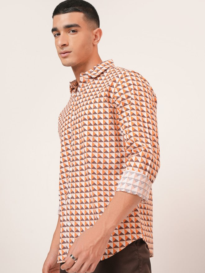 Highlander Men Orange & Brown Regular Collar Full Sleeve All Over Printed Shirt - Orange - Image 4